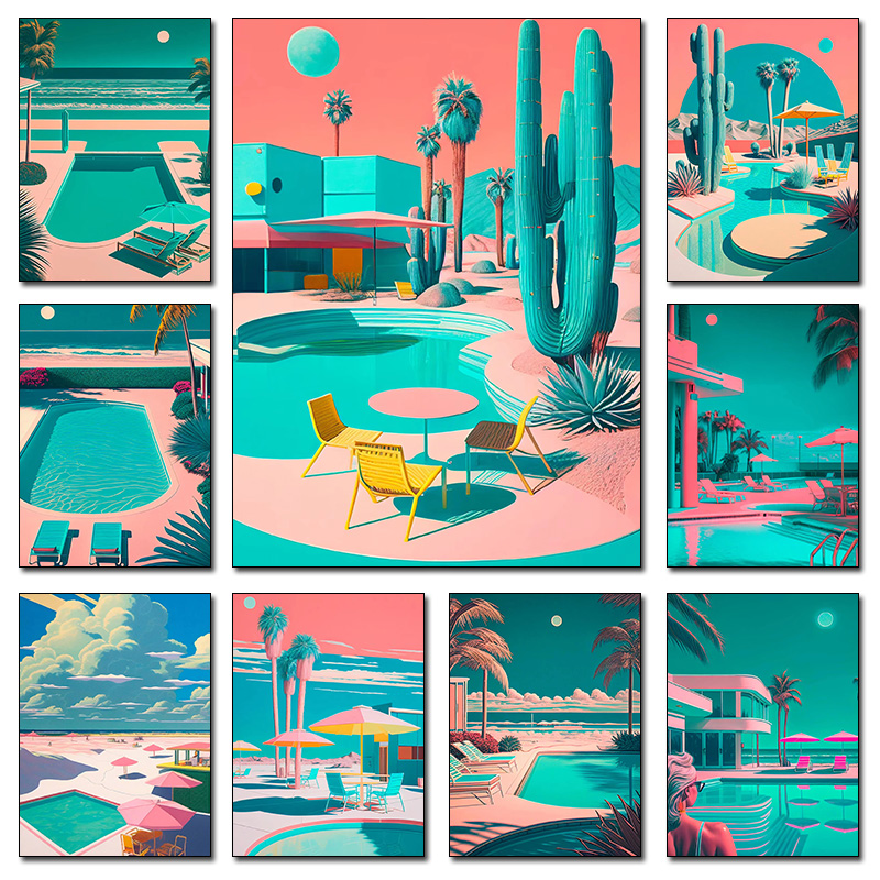 Resin Art Tree - Poster Retro-Futuristico con Palme in Riva